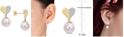 Macy's Cultured Freshwater Pearl (8-1/2mm) & Diamond (1/6 ct. t.w.) Heart Drop Earrings in 14k Gold